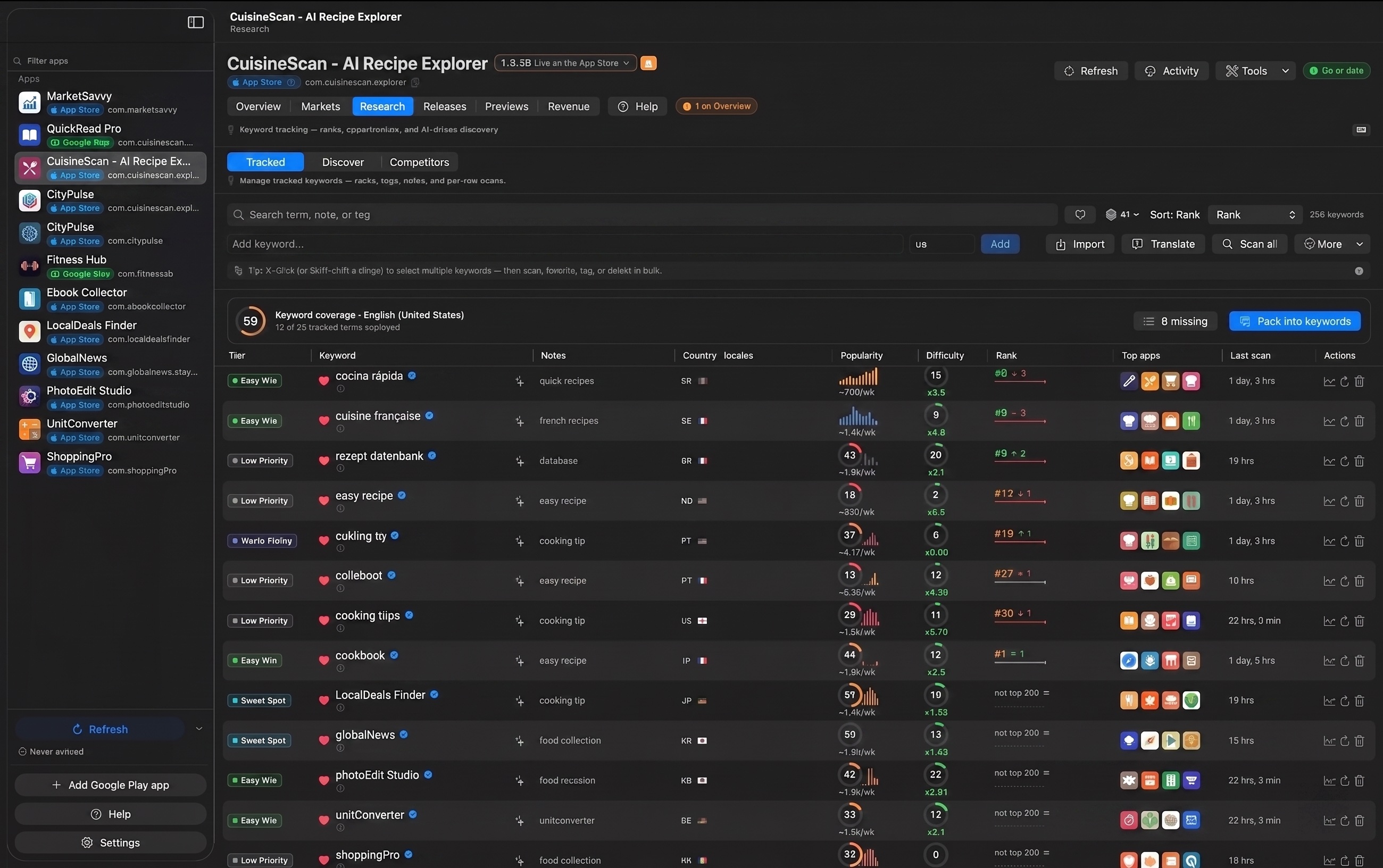 apASO showing an app's metadata side-by-side across multiple locales